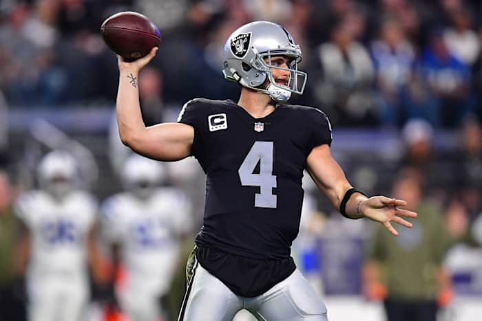 Nov 13, 2022; Paradise, Nevada, USA; Las Vegas Raiders quarterback Derek Carr (4) throws against the Indianapolis Colts during the second half at Allegiant Stadium. Mandatory Credit: Gary A. Vasquez-USA TODAY Sports